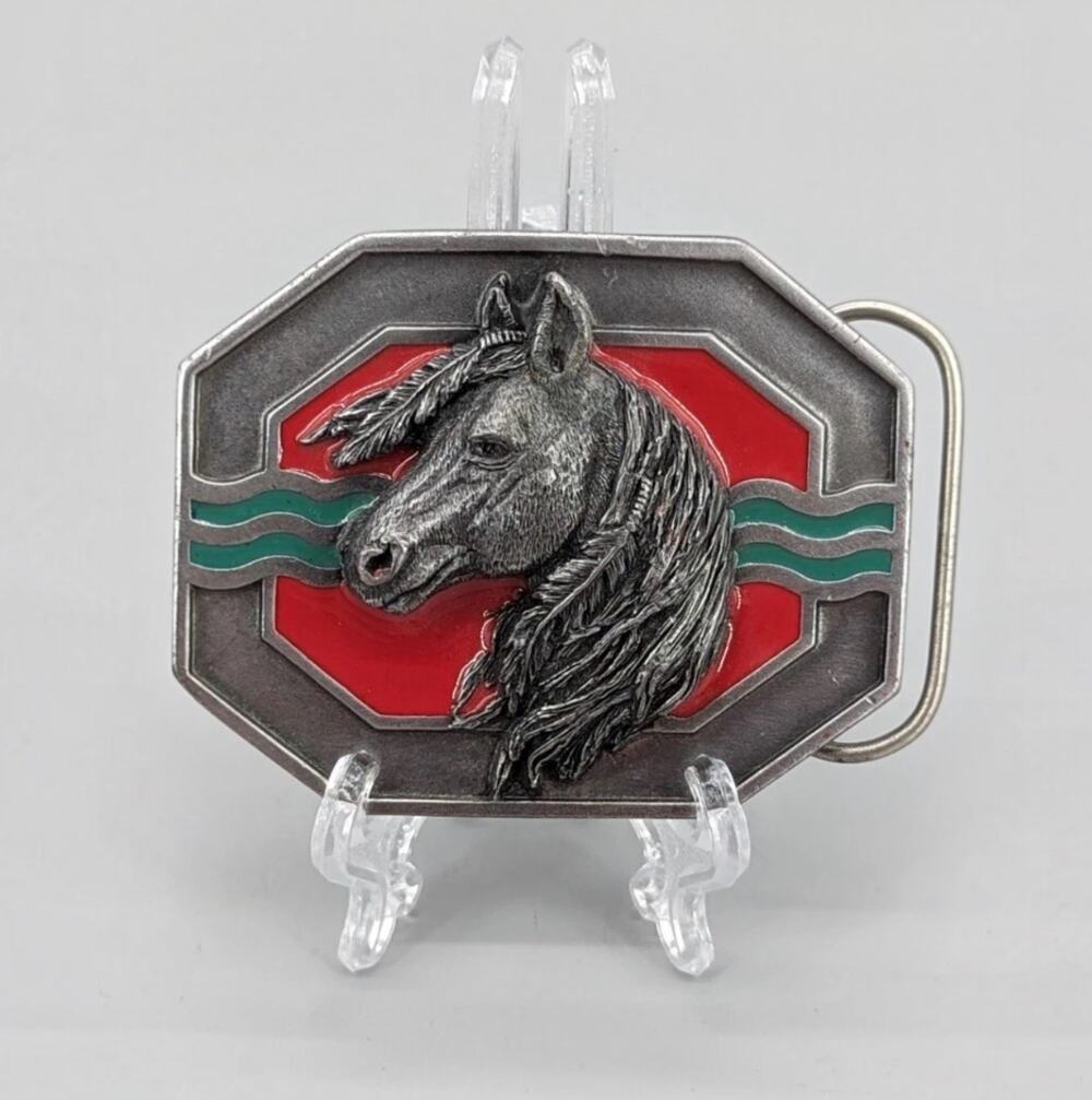 Siskiyou Horse Enamel Belt Buckle F-7 Silver Red Green Metal 3D Vintage 1993